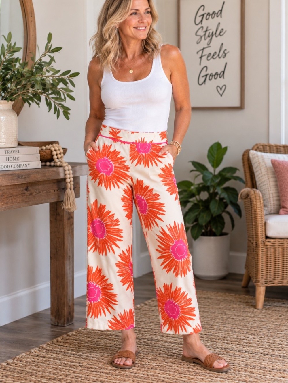 Vintage Tommy Hilfiger Y2K Tropical Floral Wide Leg Pants Size 6 Tall